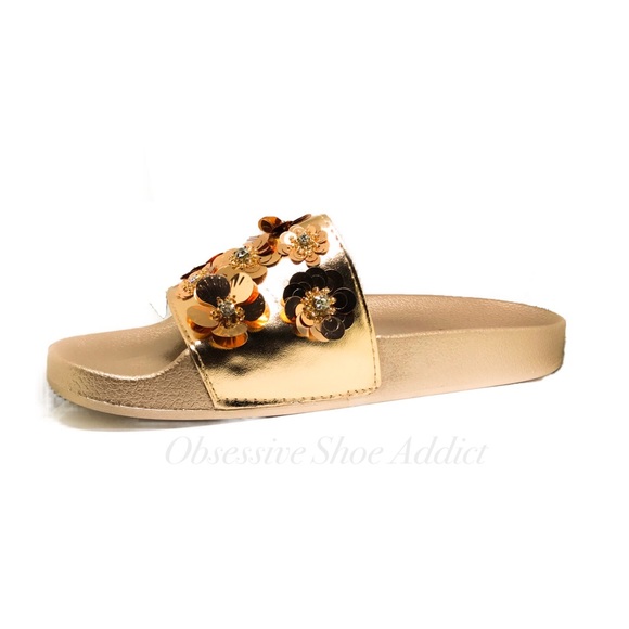 Rose Gold Sequin Floral Slides - Picture 2 of 4
